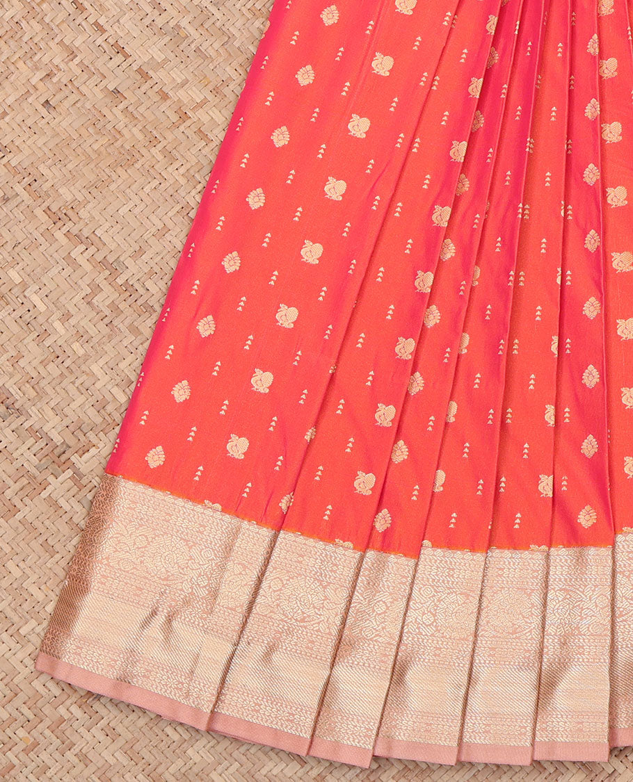 Orange Budget Silk Saree, Dazzled with Zari Buttas All Across Its Body, Complemented by a Contrast Traditional Zari Design Border, Pallu of Checked Designs, and Paired with a Contrast Blouse