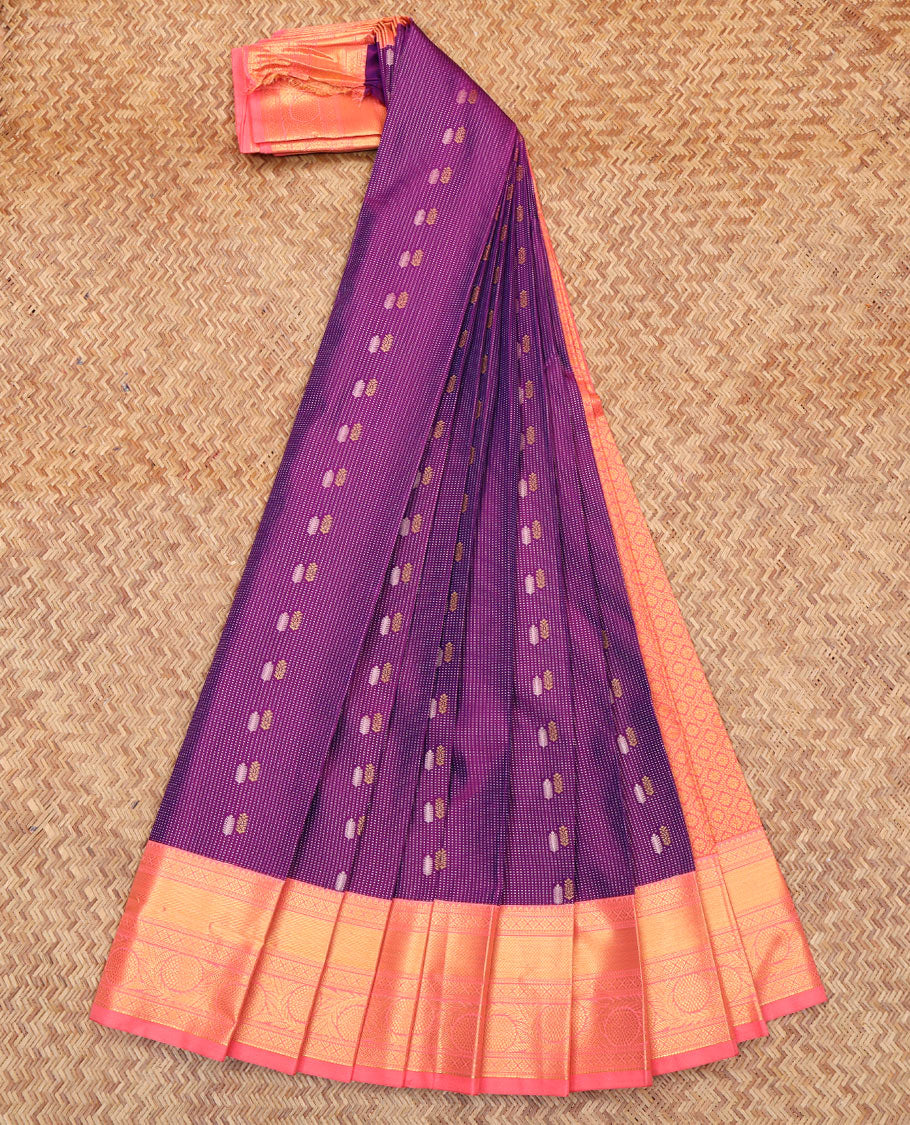 Purple Budget Silk Saree, Subtly Sparkled with Zari Buttas All Over Its Body, Complemented by a Contrast Traditional Zari Border, Grand Jaal Pallu, and Paired with a Contrast Blouse