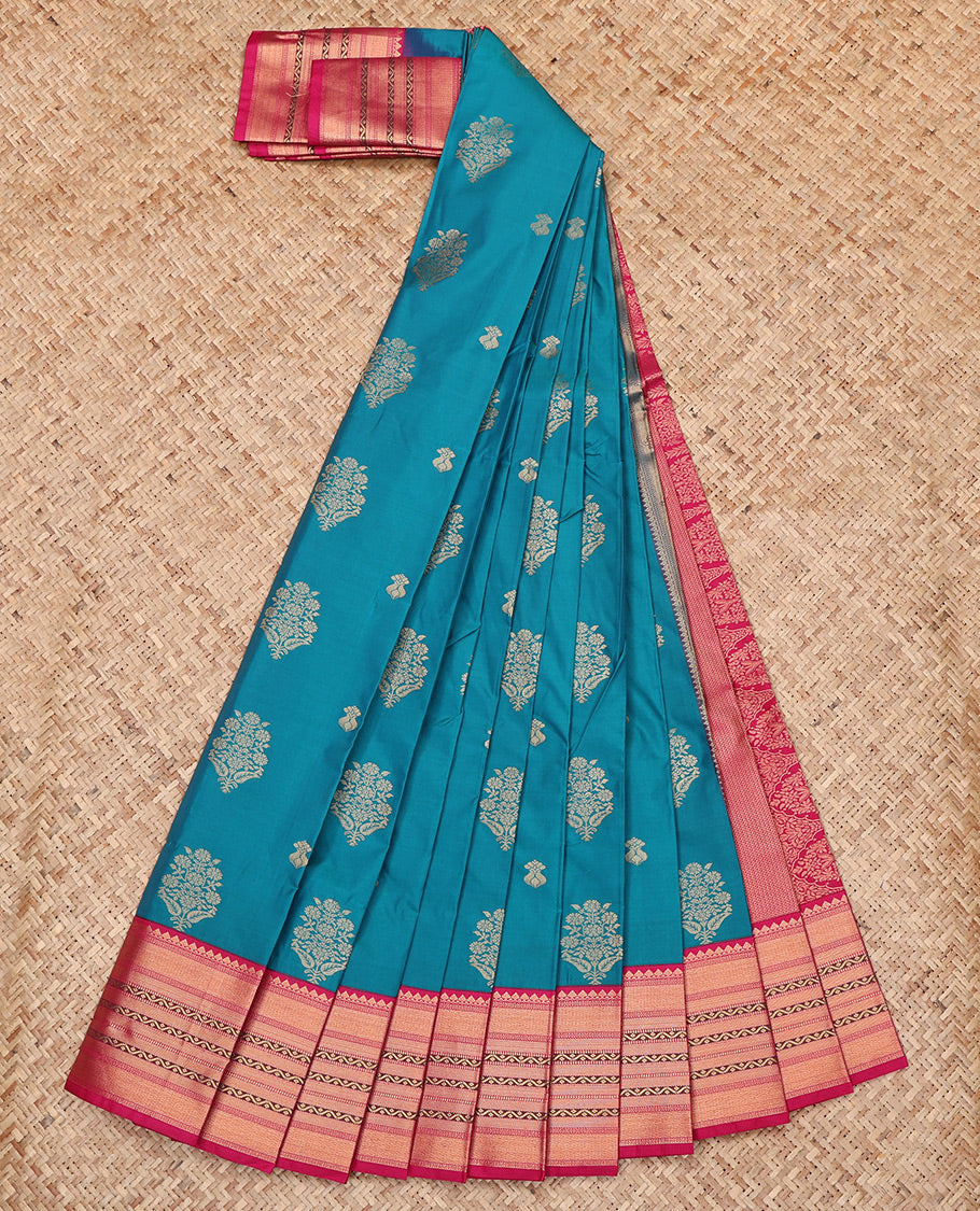 Blue Budget Silk Saree, Woven with Zari Buttas All Over Its Body, Complemented by a Contrast Traditional Zari Border, Grand Pallu, and Paired with a Contrast Blouse