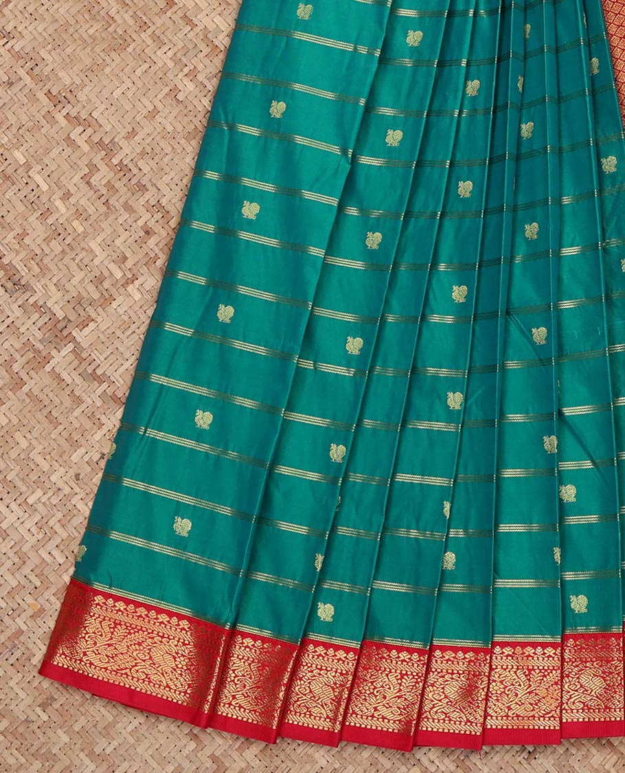 Peacock Color Budget Silk Saree, Woven with Zari Buttas and Zari Stripes on Its Body, Complemented by a Contrast Traditional Zari Design Border, Grand Jaal Pallu, and Paired with a Contrast Blouse