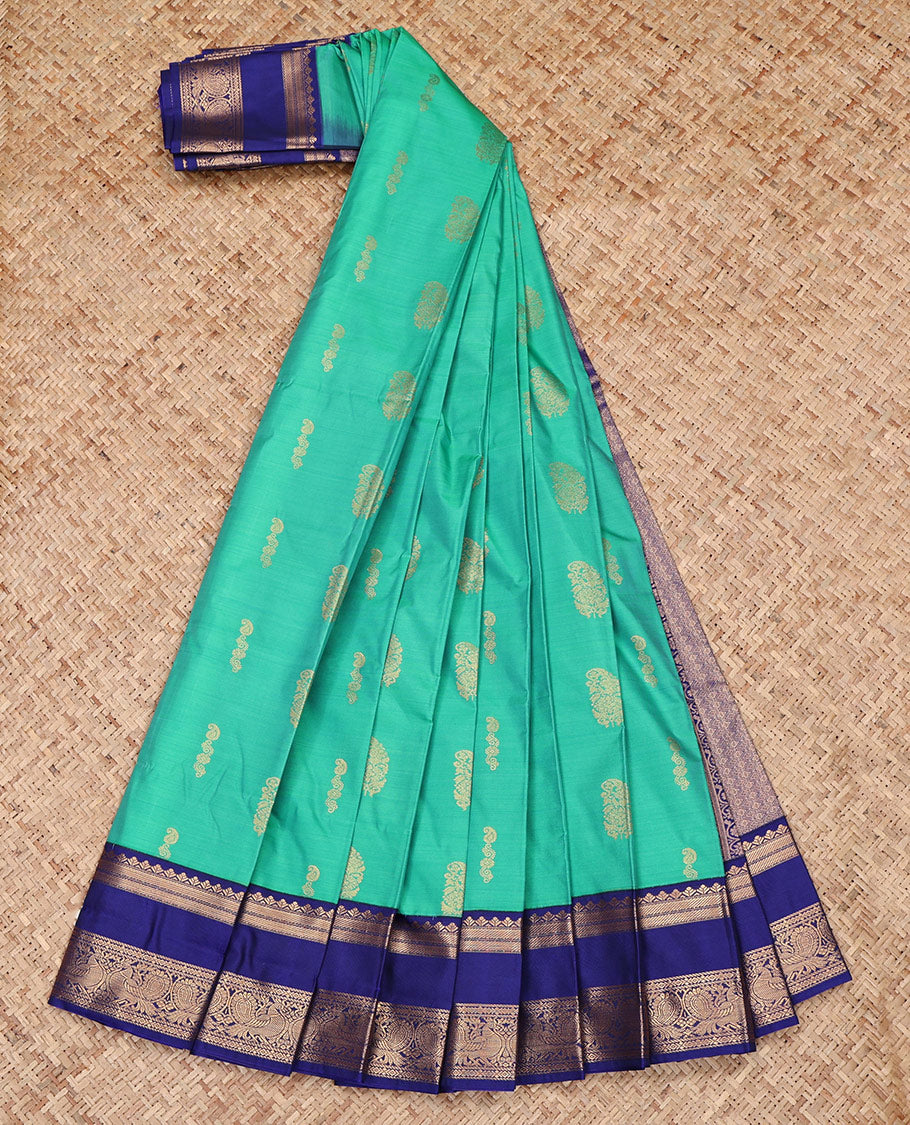 Blue Budget Silk Saree, Graced with Zari Buttas All Over Its Body, Complemented by a Contrast Traditional Zari Design Rettai Pettu Border of Peacock Design, Grand Pallu, and Paired with a Contrast Blouse