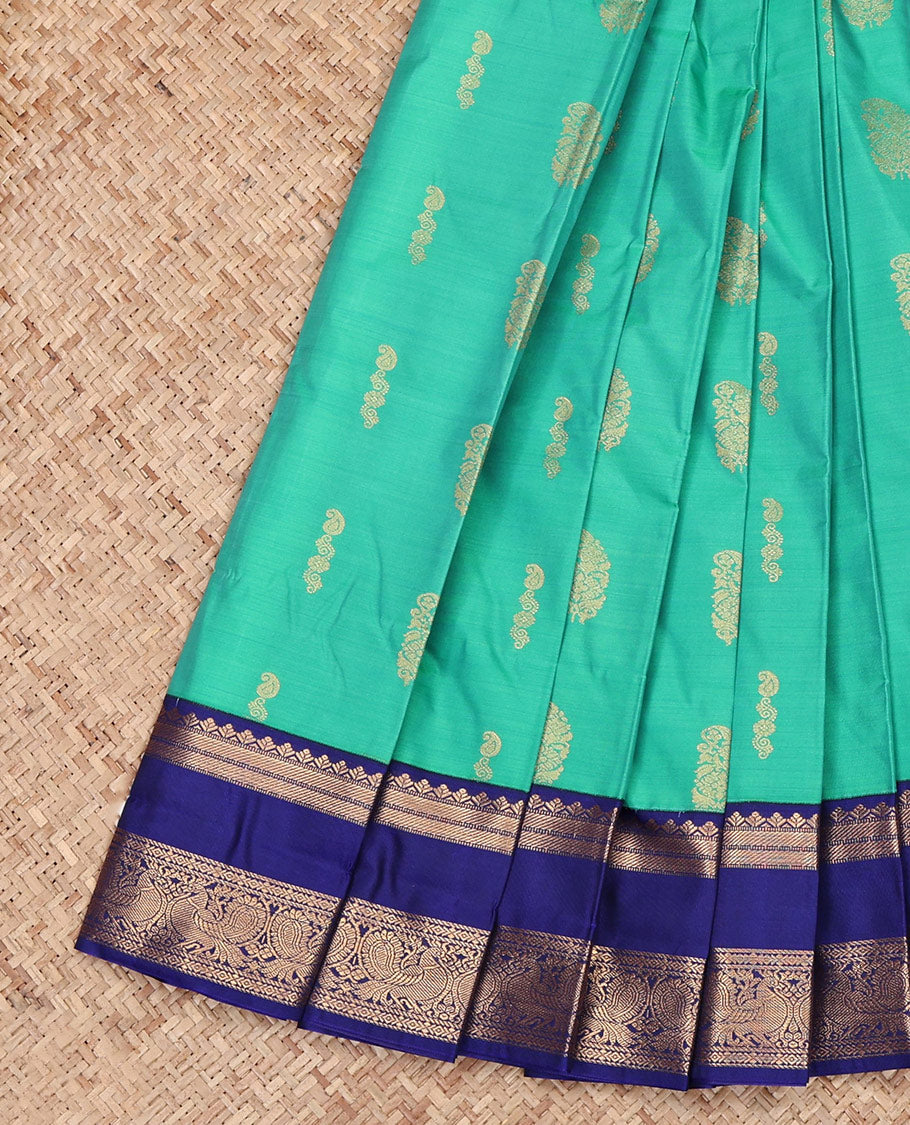 Blue Budget Silk Saree, Graced with Zari Buttas All Over Its Body, Complemented by a Contrast Traditional Zari Design Rettai Pettu Border of Peacock Design, Grand Pallu, and Paired with a Contrast Blouse