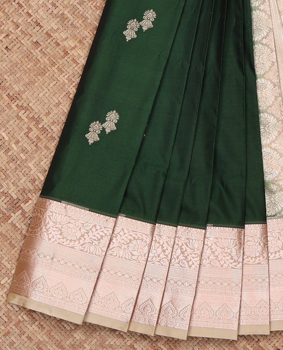 Green Budget Silk Saree, Spotlighted with Zari Buttas All Over Its Body, Complemented by a Contrast Traditional Zari Design Border, Grand Pallu, and Paired with a Contrast Blouse