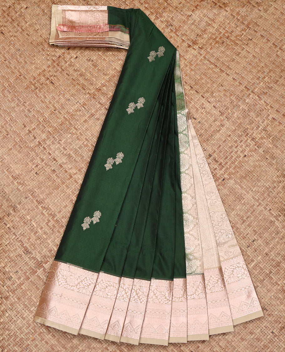 Green Budget Silk Saree, Spotlighted with Zari Buttas All Over Its Body, Complemented by a Contrast Traditional Zari Design Border, Grand Pallu, and Paired with a Contrast Blouse