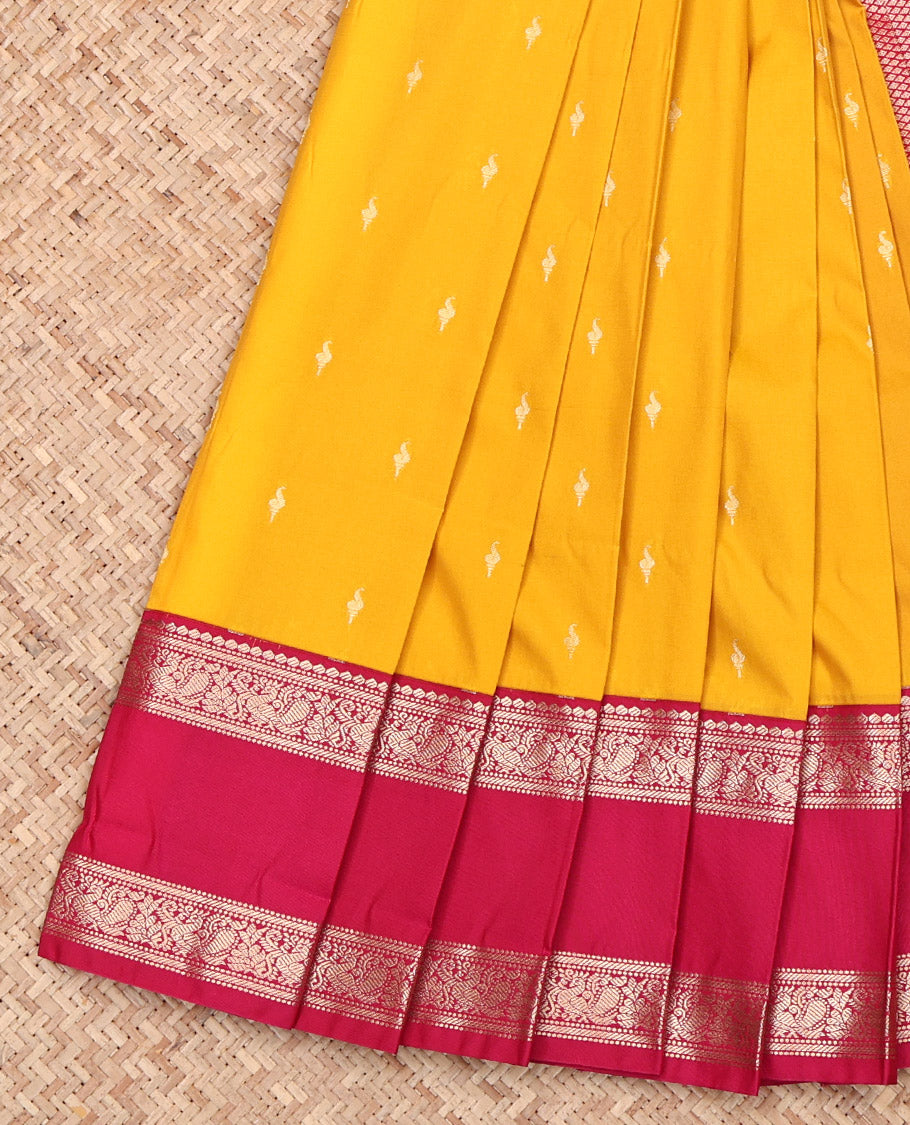 Yellow Budget Silk Saree, Subtly Sparkled with Zari Buttas on Its Body, Complemented by a Contrast Traditional Zari Design Rettai Pettu Border, Grand Jaal Pallu, and Paired with a Contrast Blouse