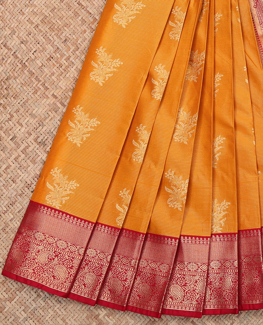 Orange Budget Silk Saree, Embellished with Zari Buttas and Stripes, Complemented by a Contrast Traditional Zari Border, Intricately Designed Pallu, and a Contrast Blouse