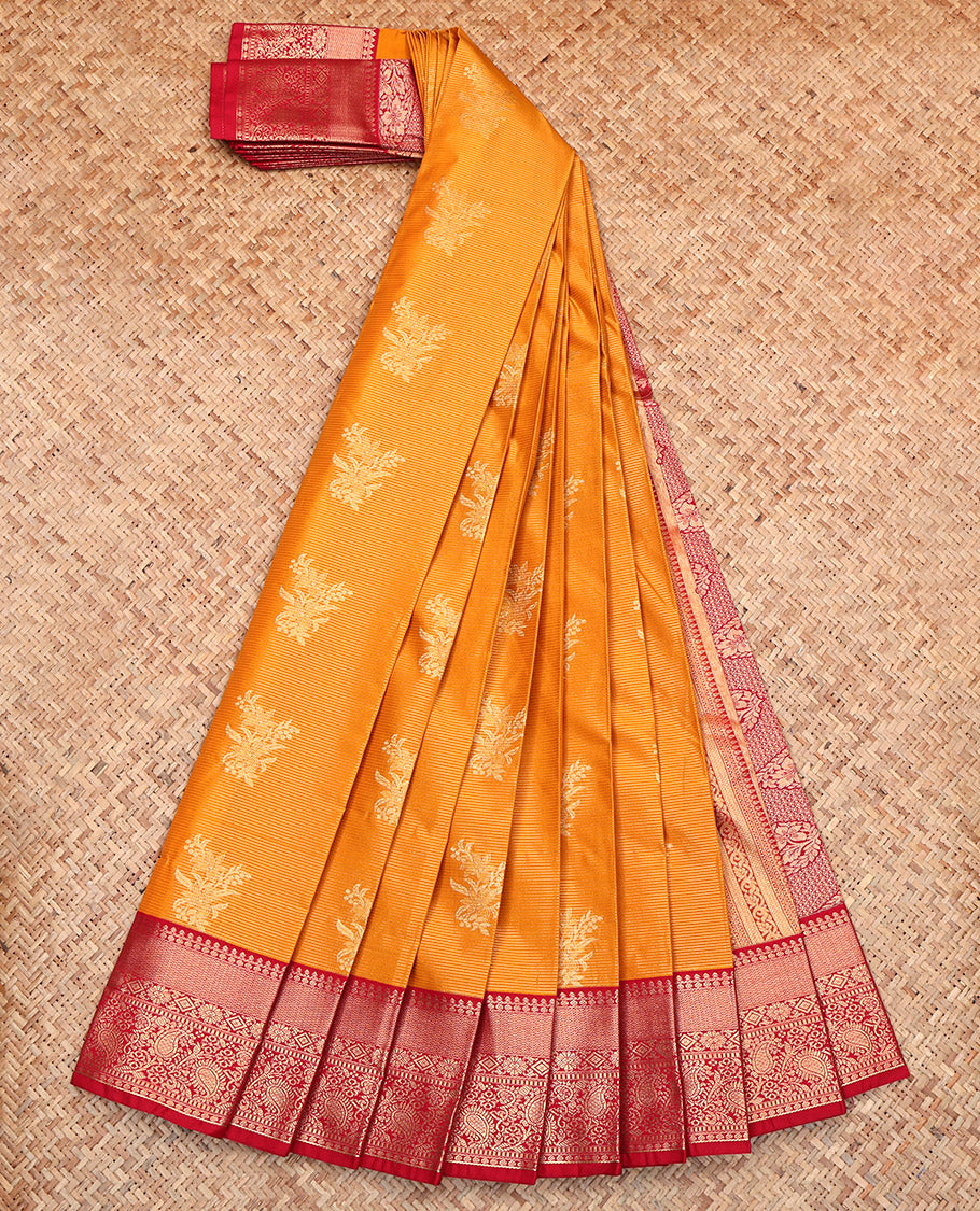 Orange Budget Silk Saree, Embellished with Zari Buttas and Stripes, Complemented by a Contrast Traditional Zari Border, Intricately Designed Pallu, and a Contrast Blouse