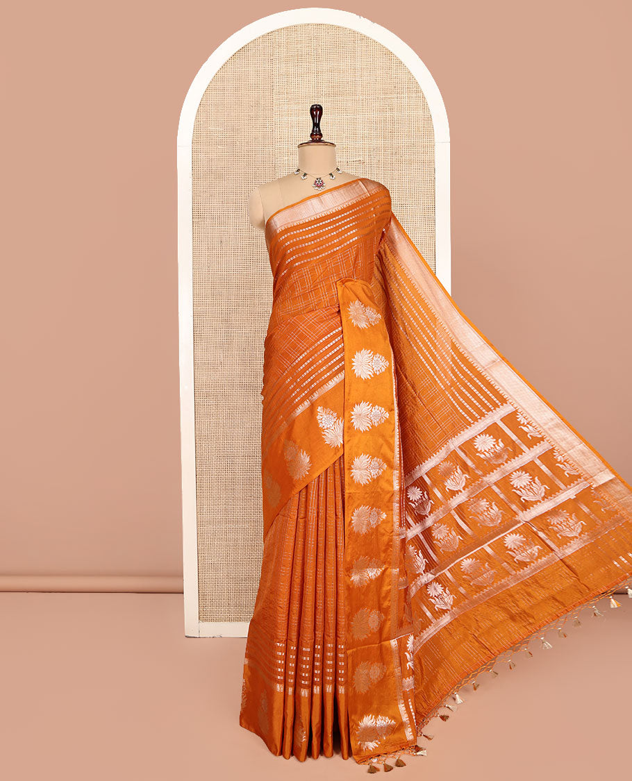 Orange Assam Silk Saree, Bedecked with Zari Checks, Highlighted by a Traditional Zari Border, Floral Butta Enclosed Checks Pallu, and a Matching Blouse