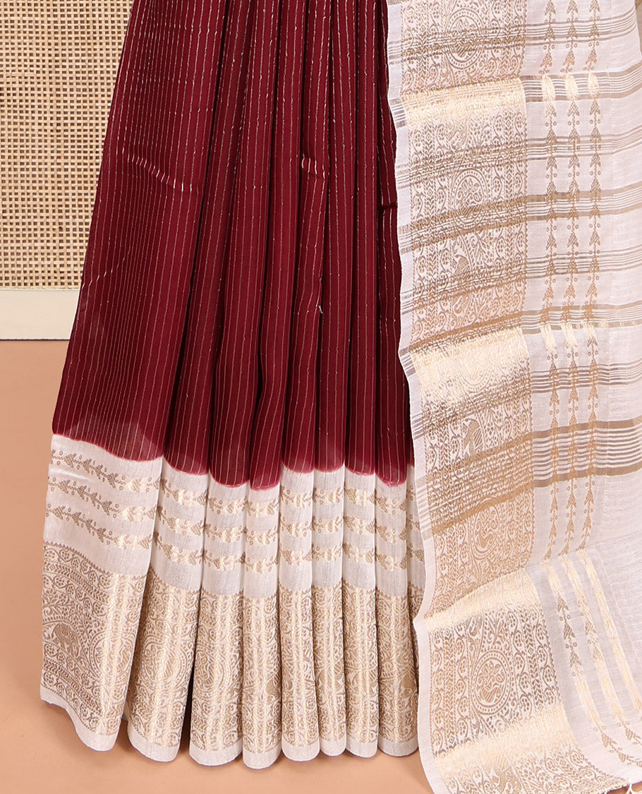 Maroon Assam Silk Saree, Steeped with Zari Stripes, a Contrast Traditional Zari Design Border, a Pallu Steeped with Zari Stripes, and a Contrast Blouse