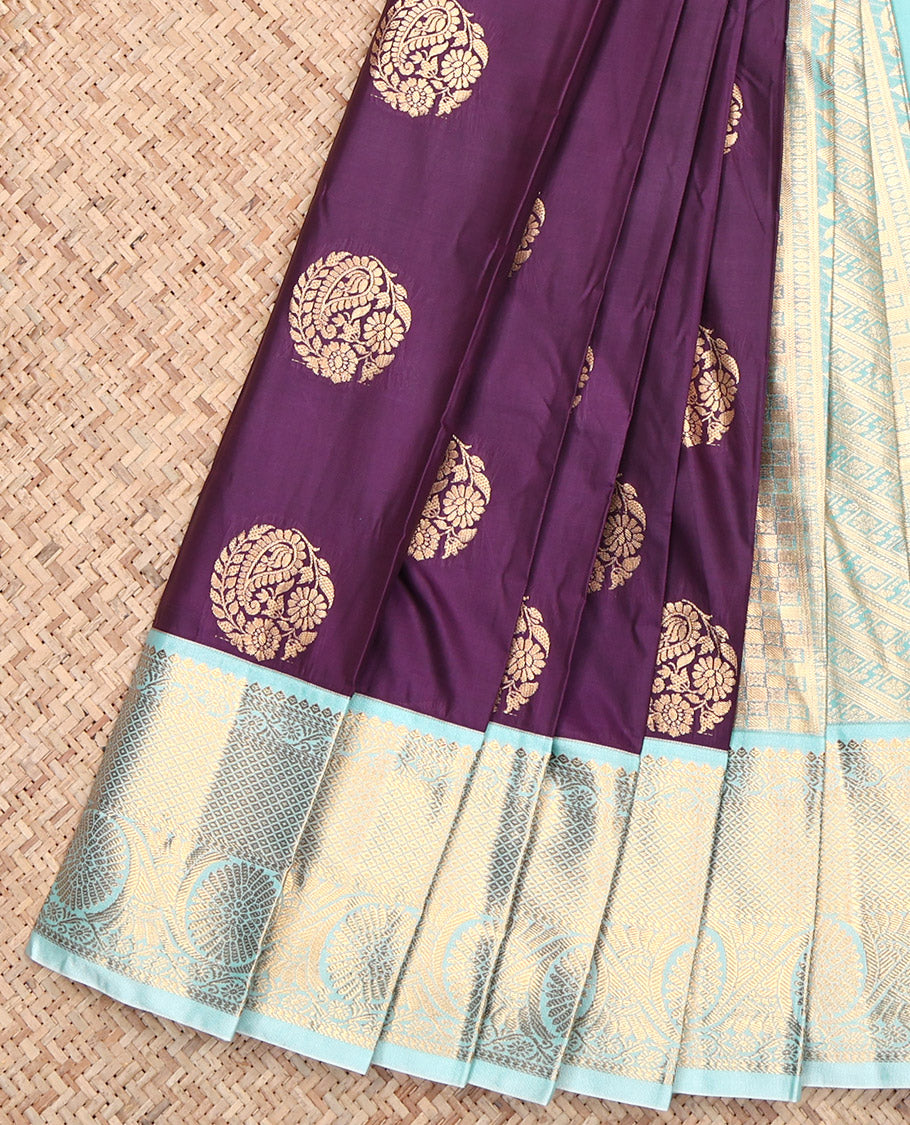 Violet Budget Silk Saree, Enthralled with Zari Buttas, Contrast Traditional Zari Border, Intricately Designed Pallu, and a Contrast Blouse