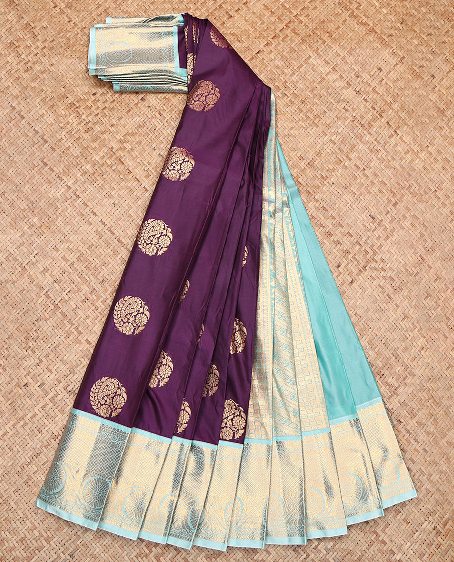 Violet Budget Silk Saree, Enthralled with Zari Buttas, Contrast Traditional Zari Border, Intricately Designed Pallu, and a Contrast Blouse