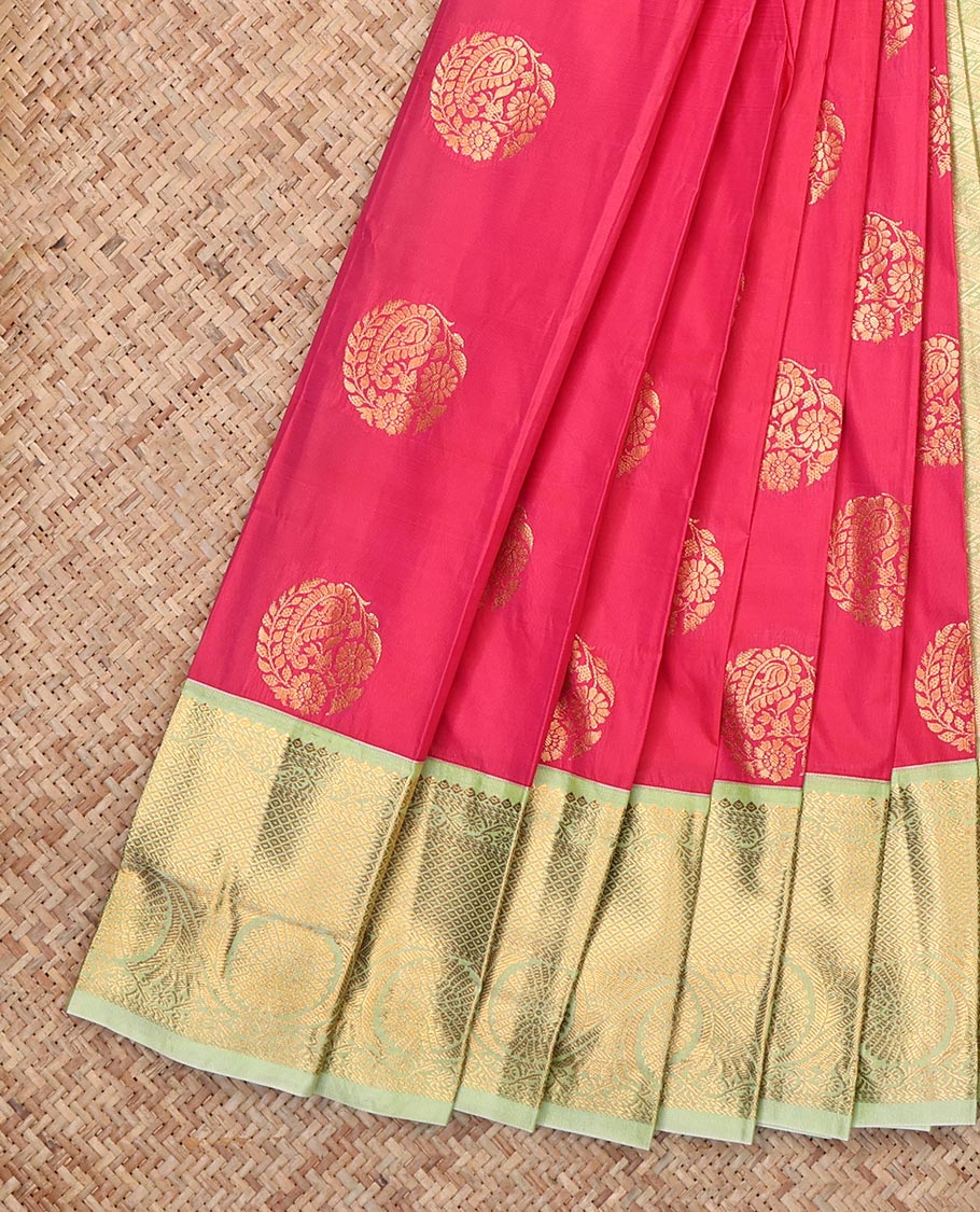 Pink Budget Silk Saree, Subtly Woven with Zari Buttas, Complemented by Contrast Traditional Zari Border, Grand Pallu and a Contrast Blouse