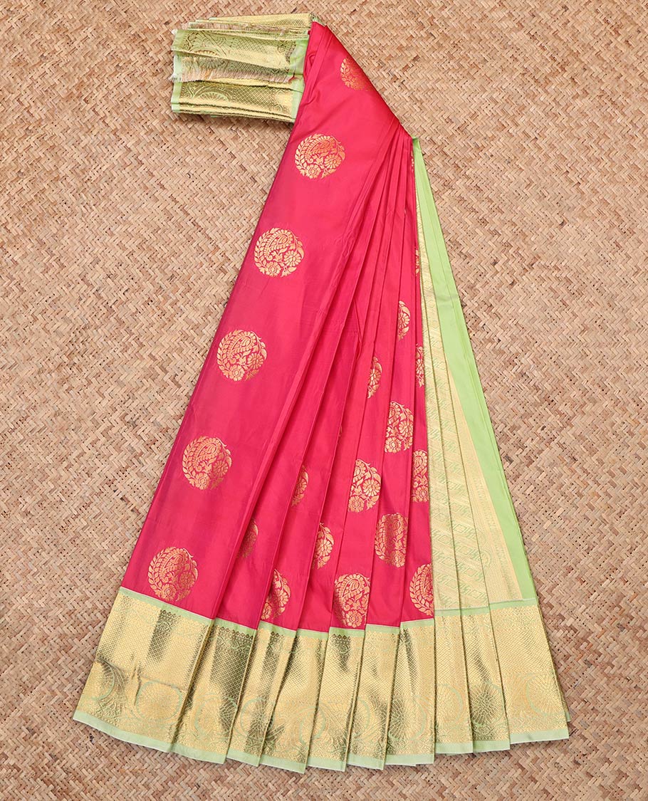 Pink Budget Silk Saree, Subtly Woven with Zari Buttas, Complemented by Contrast Traditional Zari Border, Grand Pallu and a Contrast Blouse