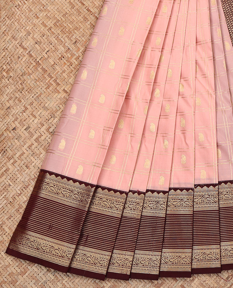 Pink Budget Silk Saree, Richly Detailed with Zari Butta Enclosed Checks, Complemented by Contrast Traditional Zari Border, Grand Pallu, and a Contrast Blouse