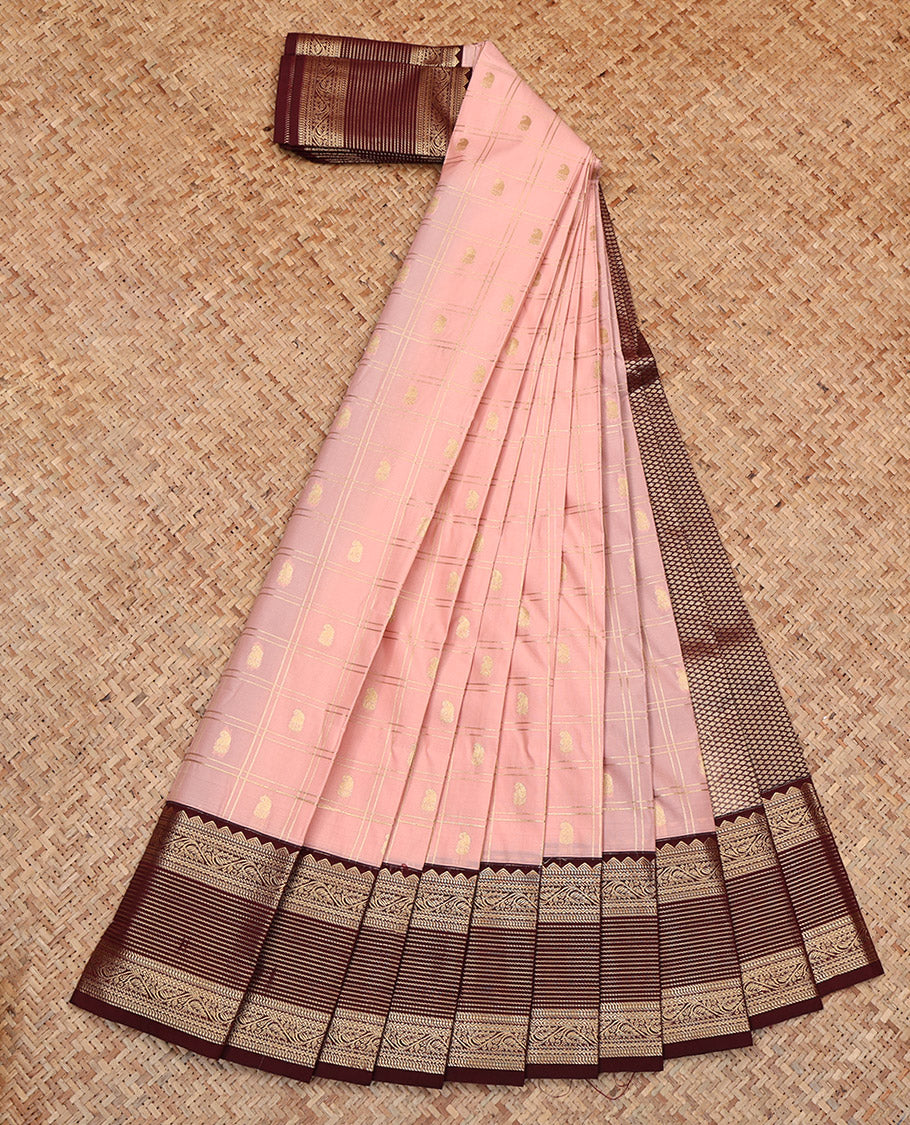 Pink Budget Silk Saree, Richly Detailed with Zari Butta Enclosed Checks, Complemented by Contrast Traditional Zari Border, Grand Pallu, and a Contrast Blouse