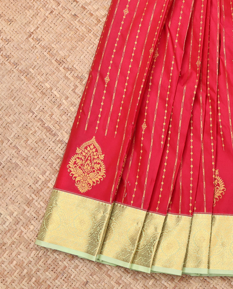 Red Budget Silk Saree, Spotlighted by Zari Designs, Complemented by a Contrast Traditional Zari Border, Grand Pallu, and Contrast Blouse