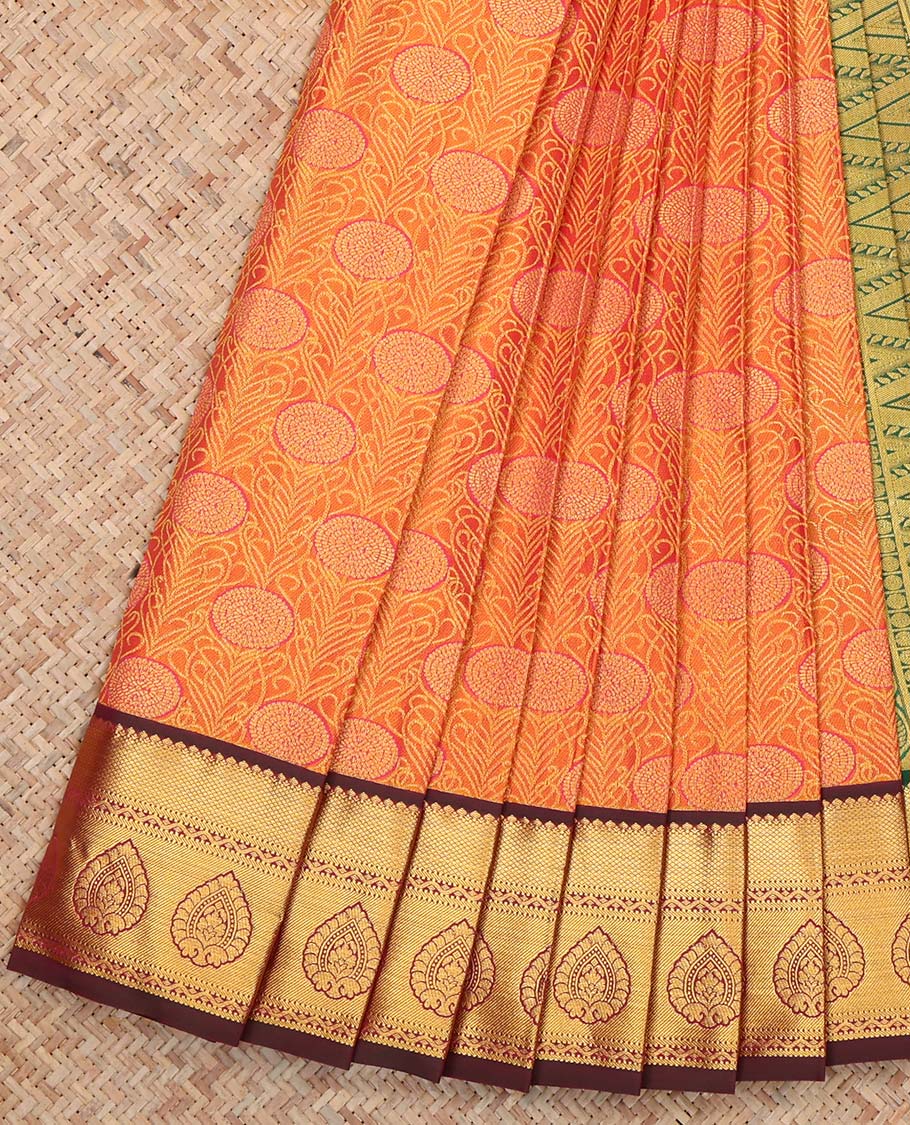Orange Budget Silk Saree, Decked Up with Jacquard Design, Complemented by Contrast Traditional Zari Border, a Geomentric Pallu and a Contrast Blouse