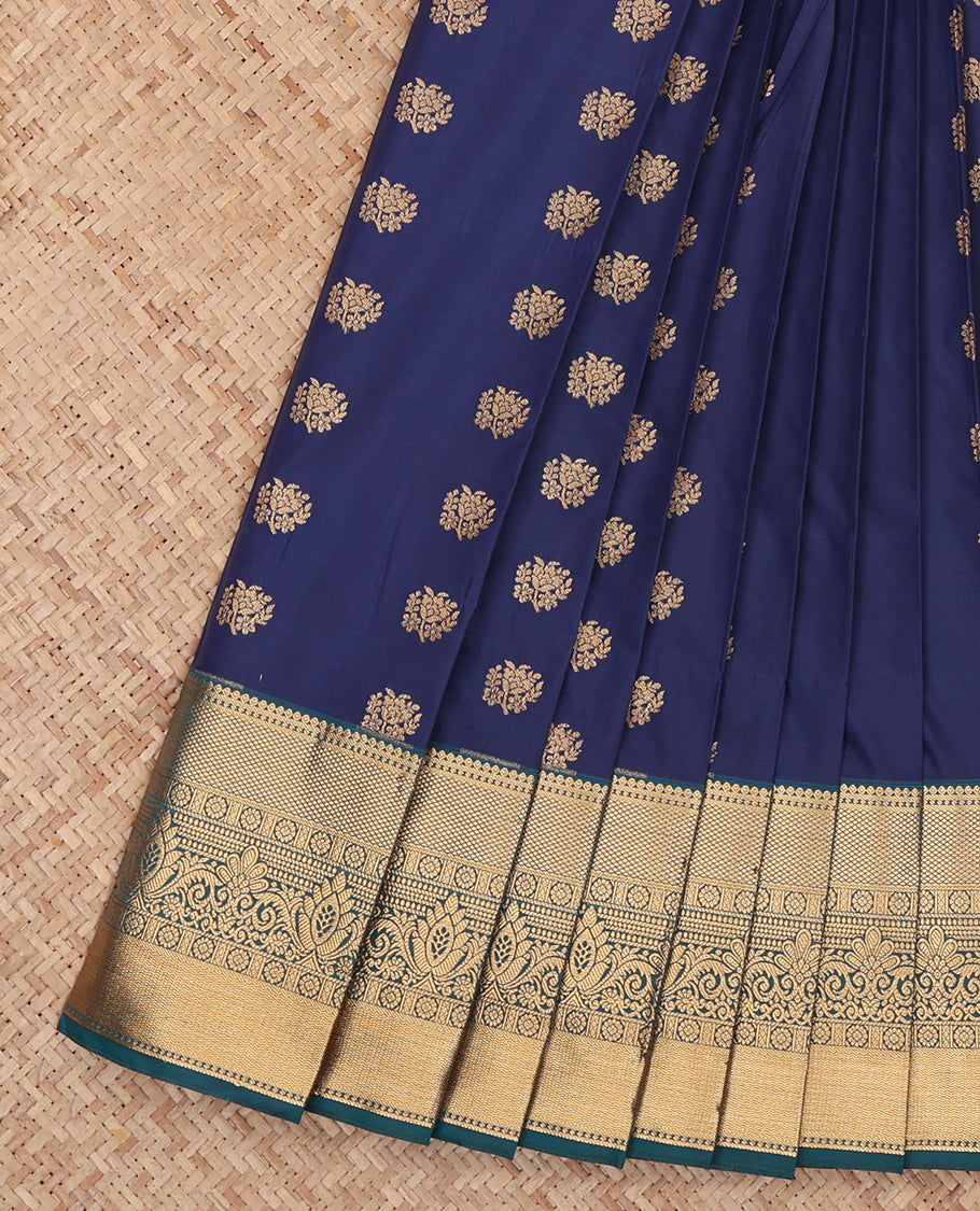 Navy Blue Budget Silk Saree, Gleamed Up with Zari Buttas, Complemented by a Contrast Traditional Zari Border, Grand Pallu, and a Contrast Blouse