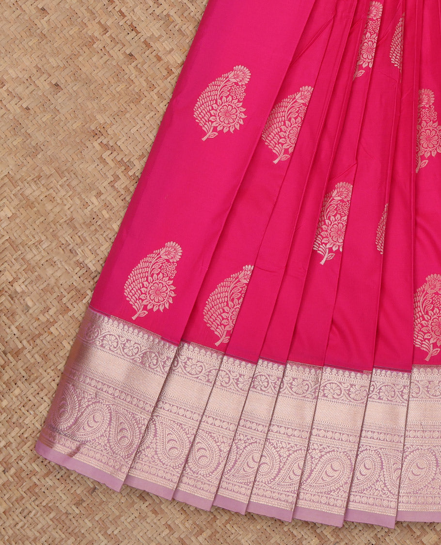 Pink Budget Silk Saree, Graced with Zari Buttas, a Contrast Traditional Border, Grand Pallu, and a Contrast Blouse