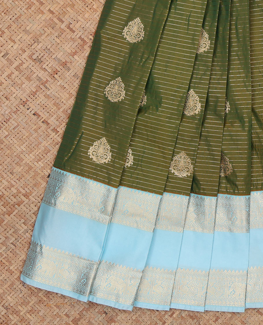Green Budget Silk Saree, Decorated with Zari Buttas and Stripes, Complemented by Contrast Traditional Rettai Pettu Border, a Grand Pallu and a Contrast Blouse