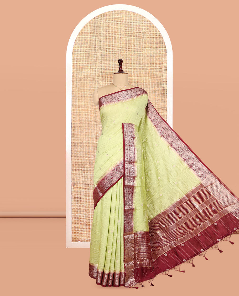 Green Assam Silk Saree, Decorated with Zari Buttas and Stripes, Complemented by Contrast Floral Creeper Border, Zari Woven Pallu, and Contrast Blouse