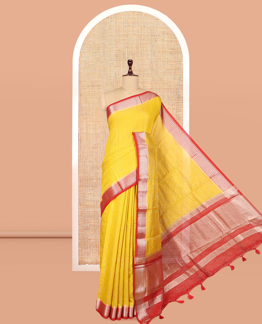 Yellow Assam Silk Saree, Embellished with Zari Stripes, Complemented by Contrast Jaal Design Zari Border, Zari Woven Pallu, and Contrast Blouse