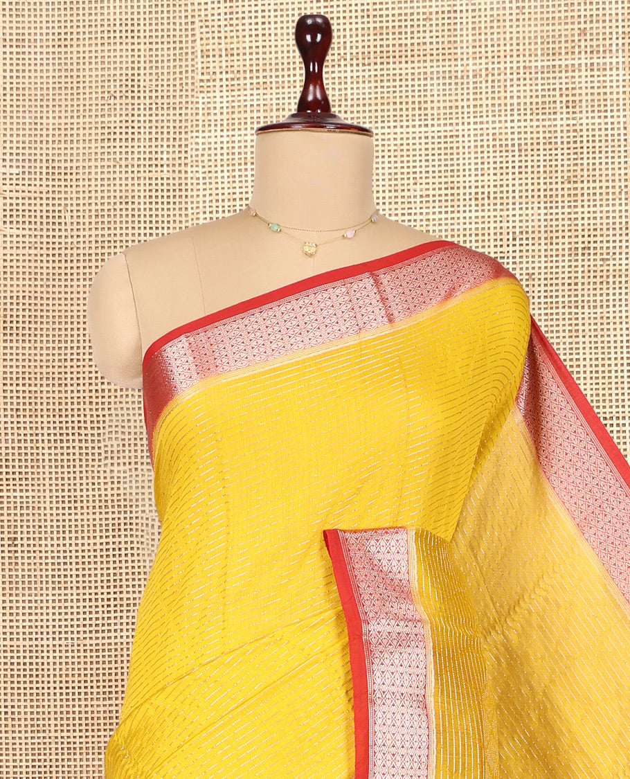 Yellow Assam Silk Saree, Embellished with Zari Stripes, Complemented by Contrast Jaal Design Zari Border, Zari Woven Pallu, and Contrast Blouse
