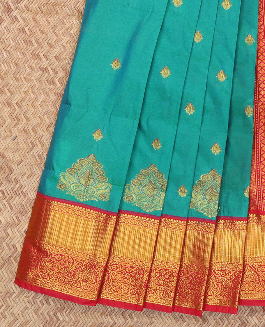 Blue Budget Silk Saree, Decorated with Zari Buttas, Complemented by a Contrast Traditional Zari Border, Grand Pallu, and Contrast Blouse
