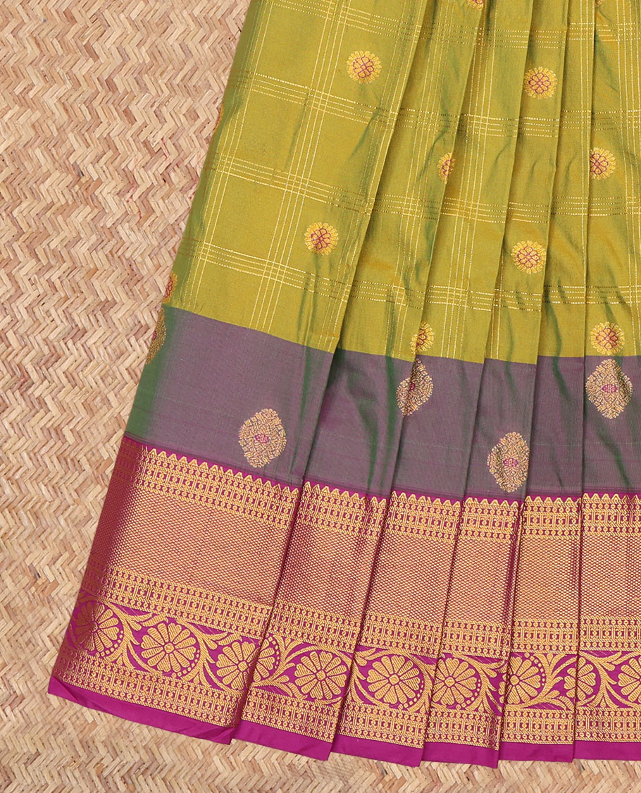 Green Budget Silk Saree, Embellished with Zari Buttas Enclosed Checks, a Contrast Traditional Zari Border, Grand Pallu, and a Contrast Blouse