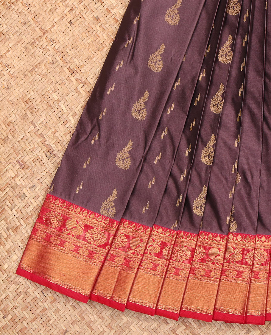 Brown Budget Silk Saree, Decked Up with Zari Buttas, a Contrast Traditional Zari Border, Intricate Pallu, and a Contrast Blouse