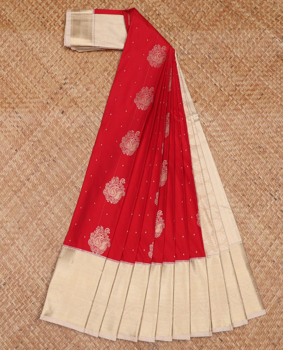 Red zari buttas gift saree, contrast traditional zari design border, and intricate pallu