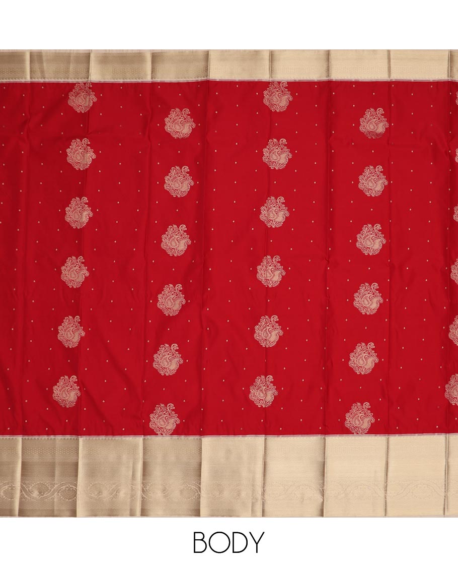 Red zari buttas gift saree, contrast traditional zari design border, and intricate pallu