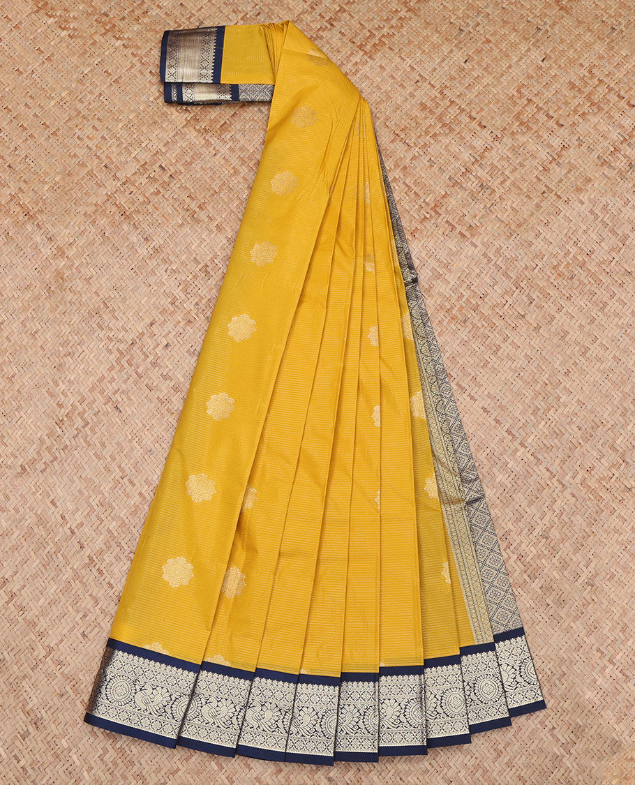 Yellow Stripes Peacock Design Budget Silk Saree
