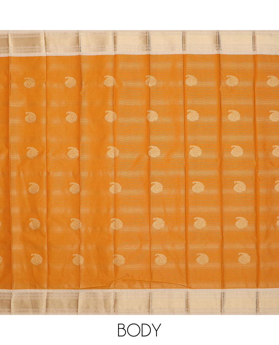 Orange zari striped and manga buttas gift saree, contrast traditional zari designs border, and jaal pallu