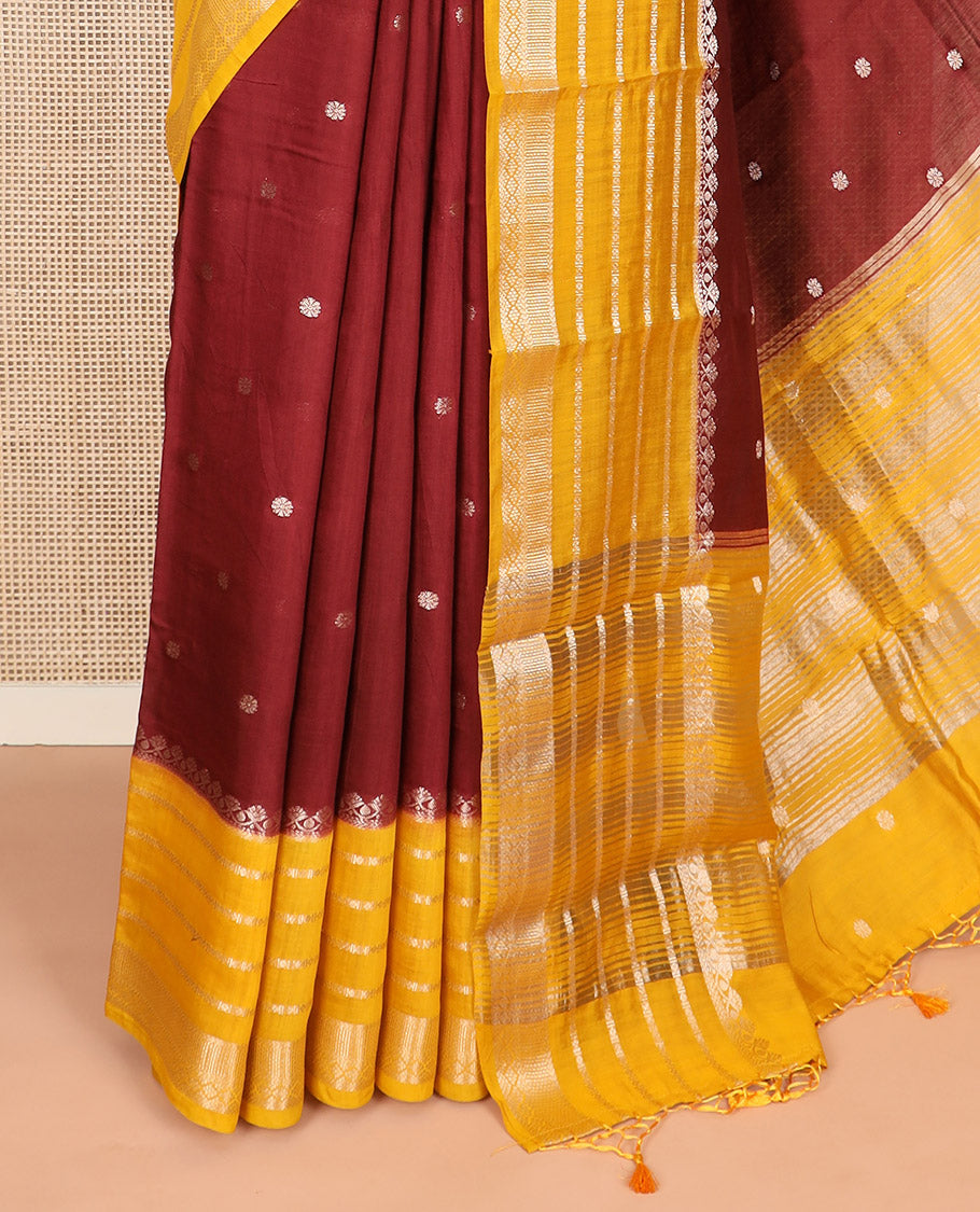 Maroon floral buttas Assam silk saree, contrast traditional zari border, and pallu of zari stripes