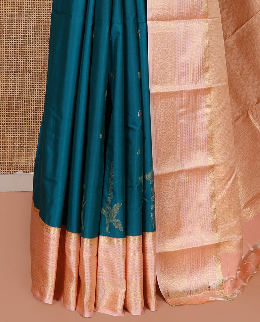 Blue Budget Silk Saree, Bedecked with Zari Buttas on Its Body, Complemented by a Contrast Traditional Zari Design Border, Grand Jaal Pallu, and Paired with a Contrast Blouse
