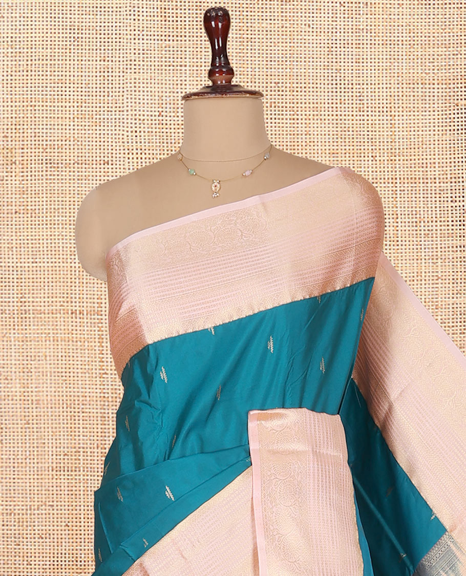 Blue Budget Silk Saree, Bedecked with Zari Buttas on Its Body, Complemented by a Contrast Traditional Zari Design Border, Grand Jaal Pallu, and Paired with a Contrast Blouse