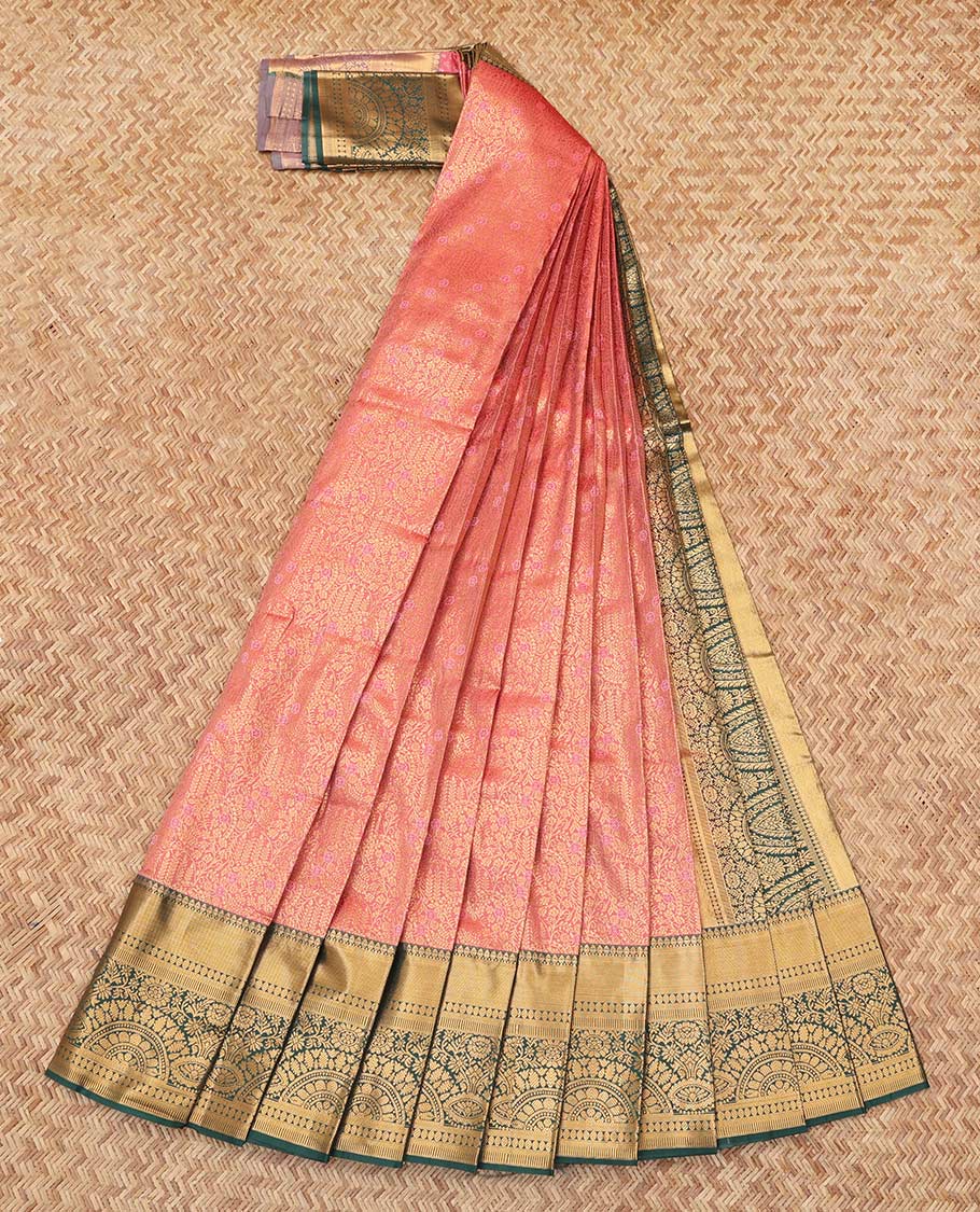 Pink Budget Silk Saree, Ornamented with Jacquard Design, Complemented by Contrast Traditional Zari Border, a Grand Pallu and a Contrast Blouse