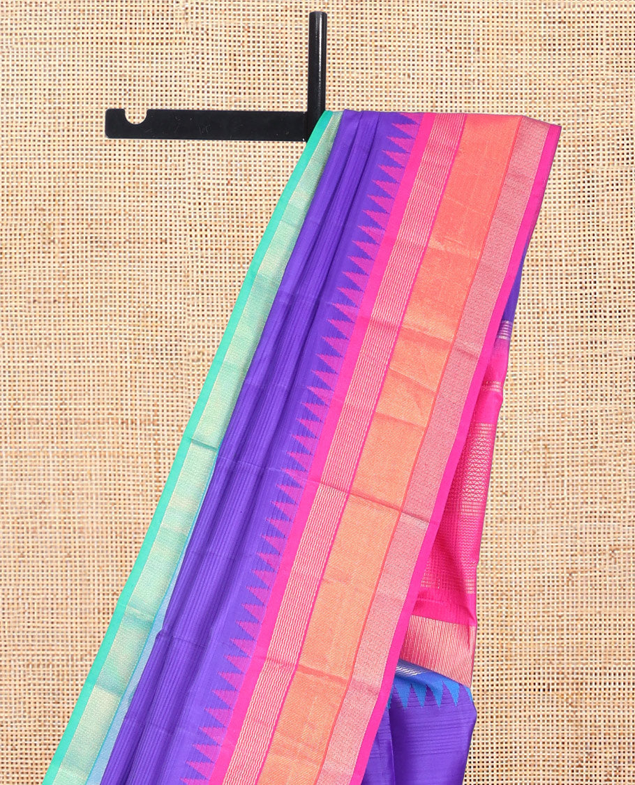 Violet Striped Bangalore Silk Saree, Complemented by a Contrast Temple Ganga-Jamuna Border, Zari-Striped Pallu, and Contrast Blouse