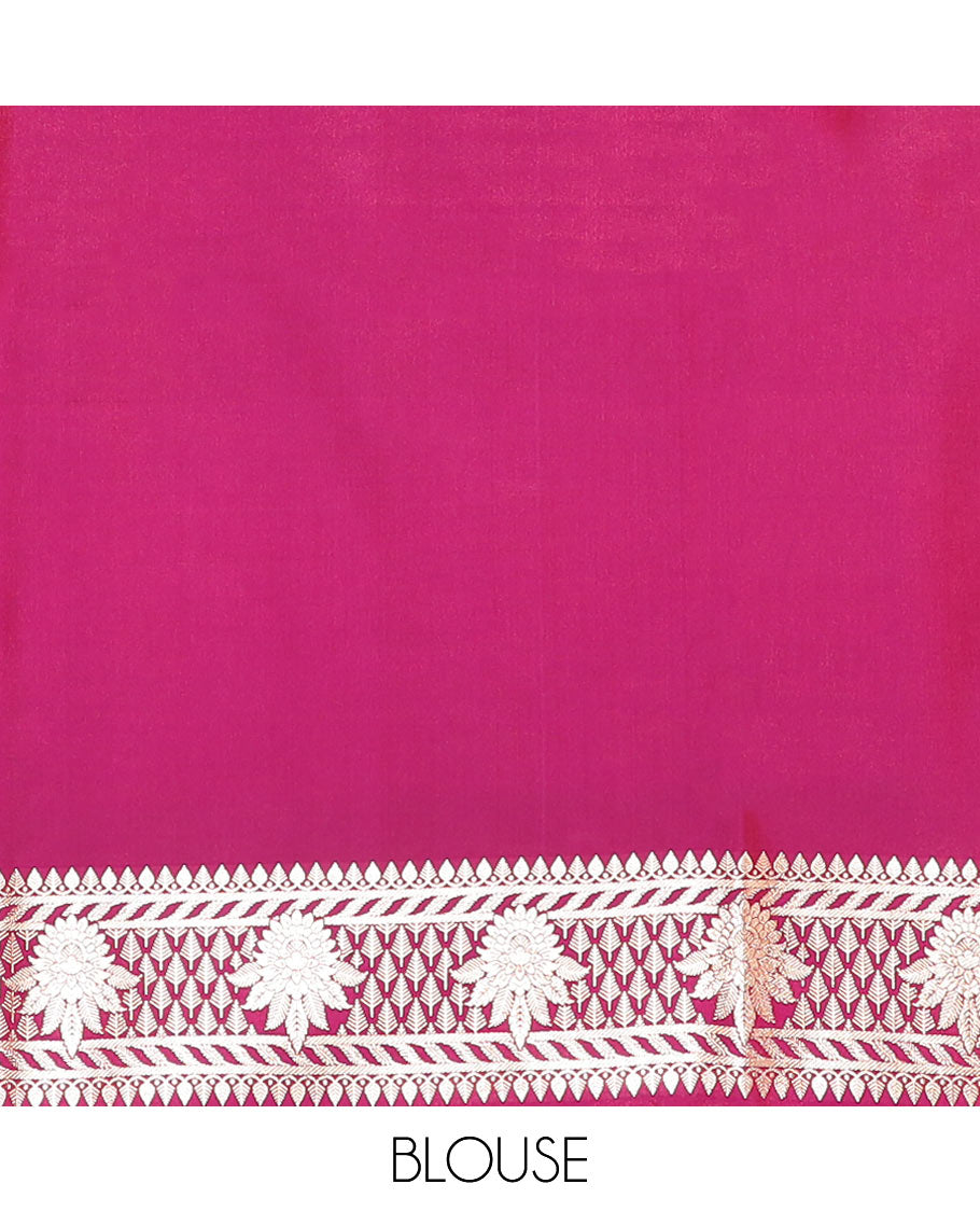 Magenta zari buttas banarasi silk saree, floral creeper design border, and intricate Mughal-style woven pallu