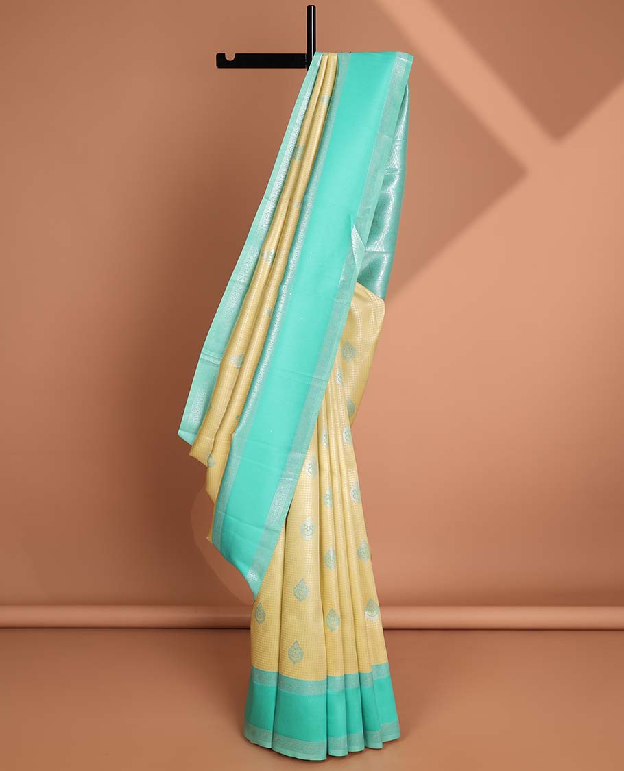 Yellow checked, floral design litchi silk saree with contrast rettai pettu zari design border & checked floral design pallu