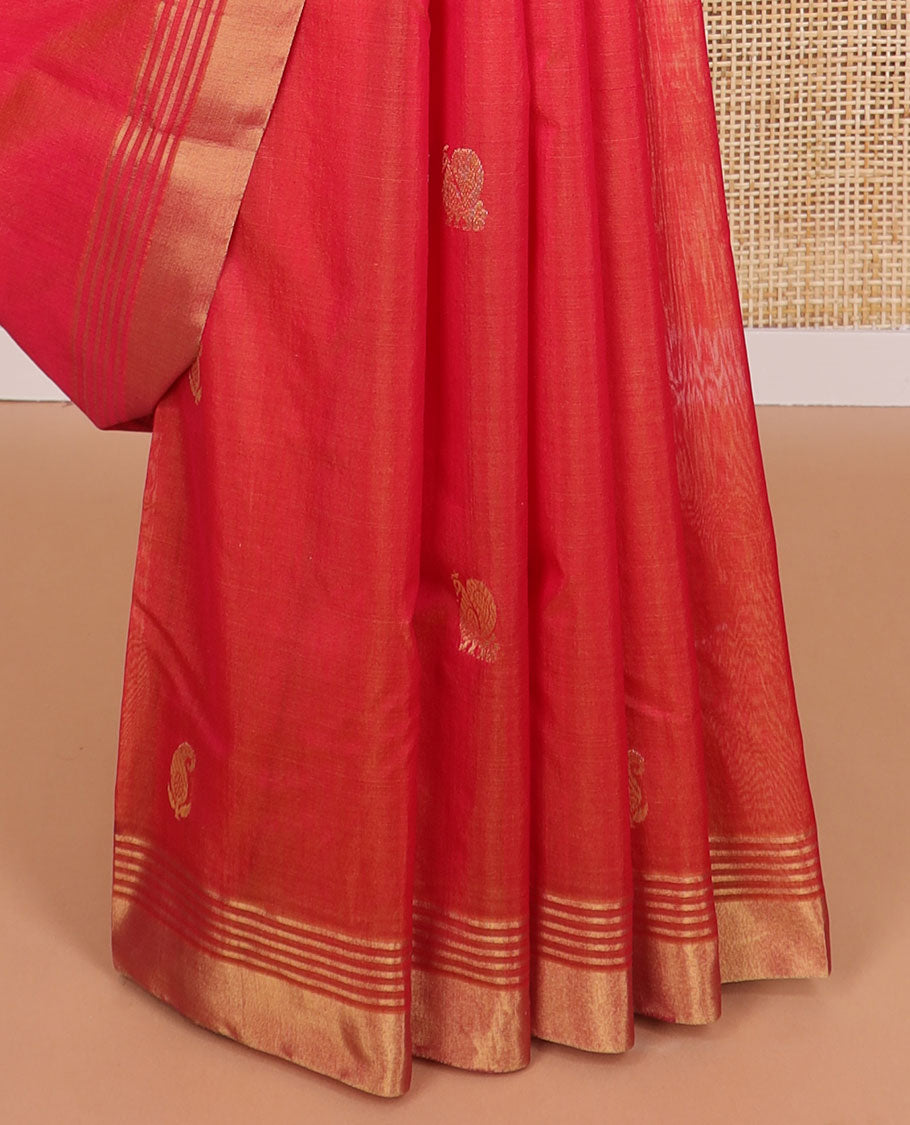 Orange floral, animal motifs chanderi cotton saree with self zari border & geometric design pallu