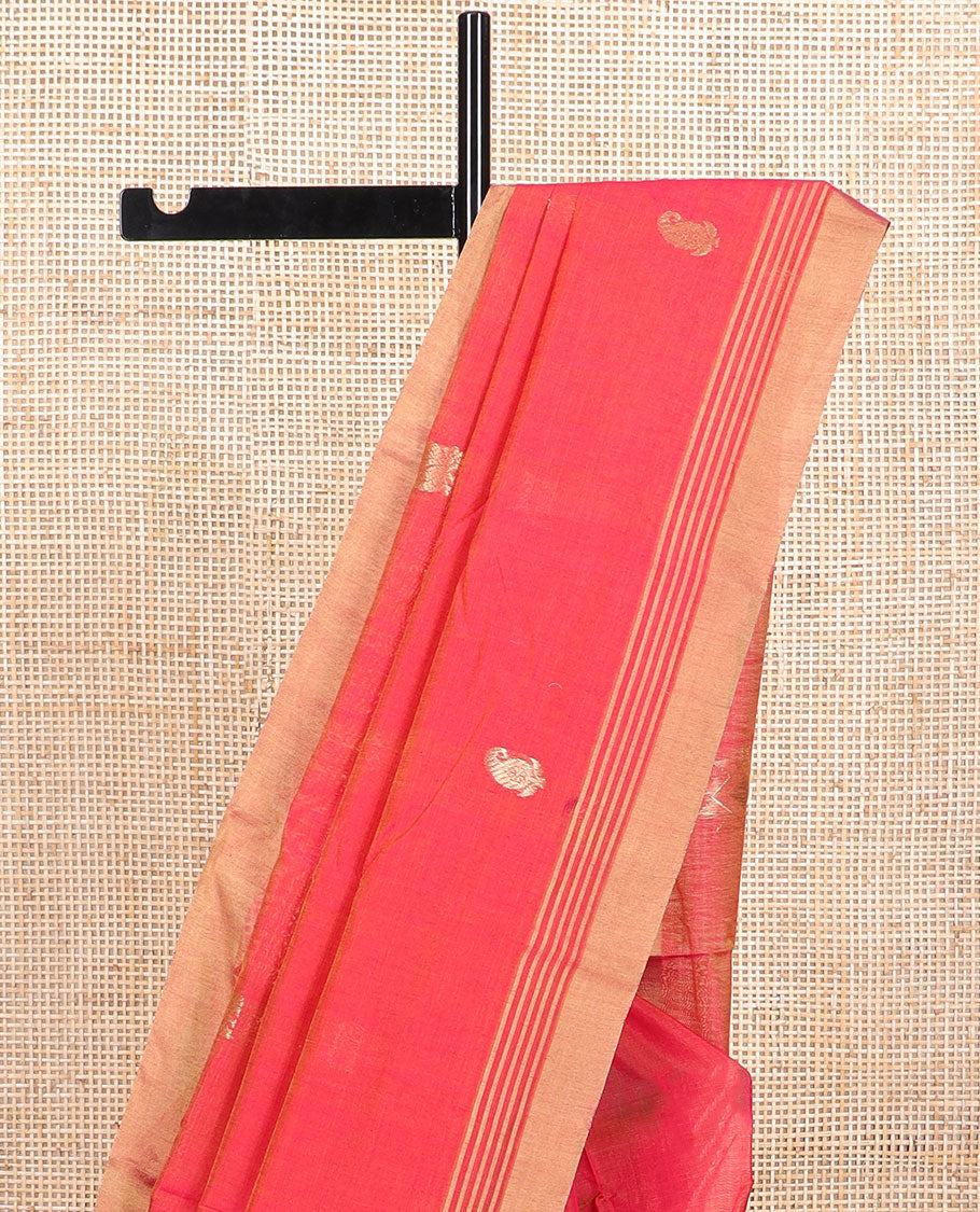 Orange floral, animal motifs chanderi cotton saree with self zari border & geometric design pallu