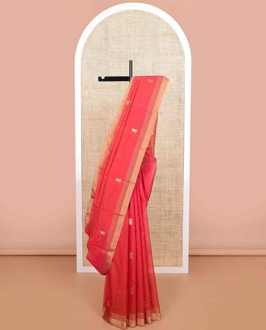 Orange floral, animal motifs chanderi cotton saree with self zari border & geometric design pallu