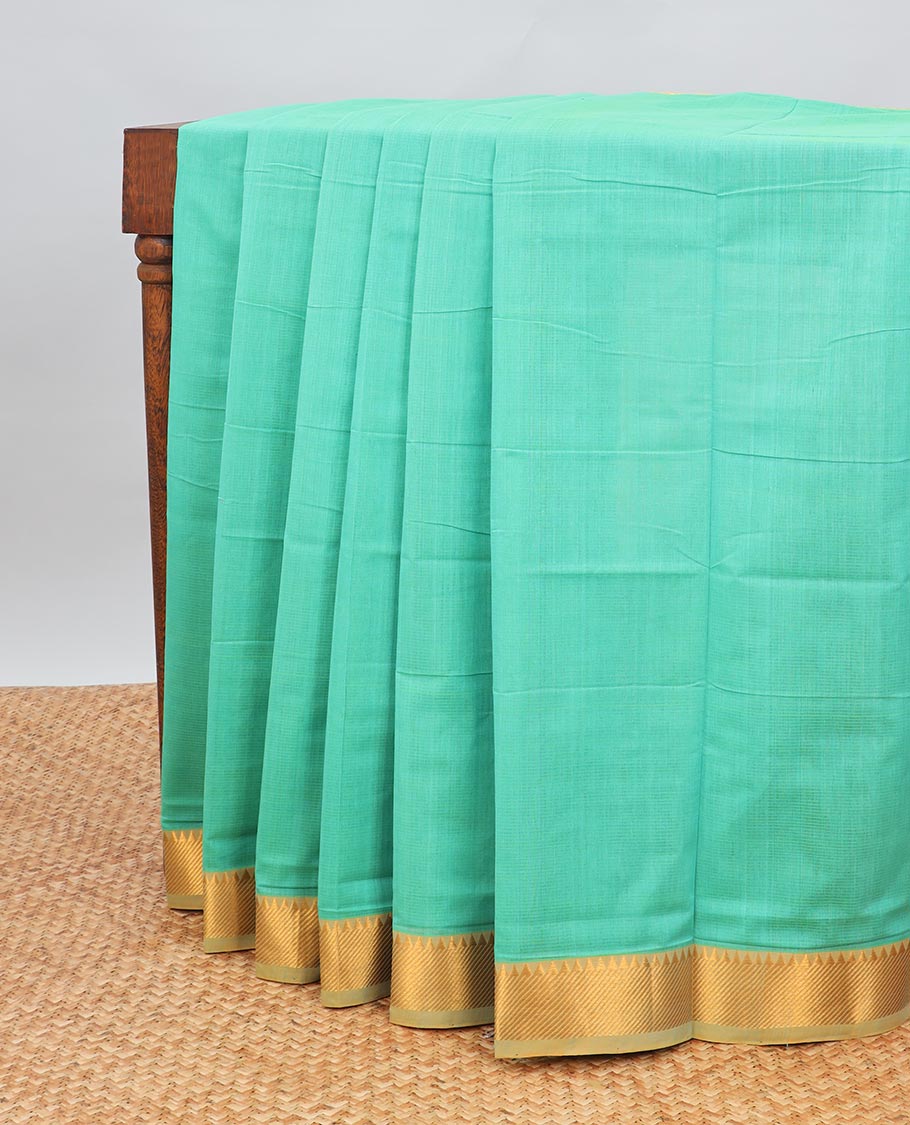 Green mangalagiri cotton saree with contrast striped, temple border & striped pallu