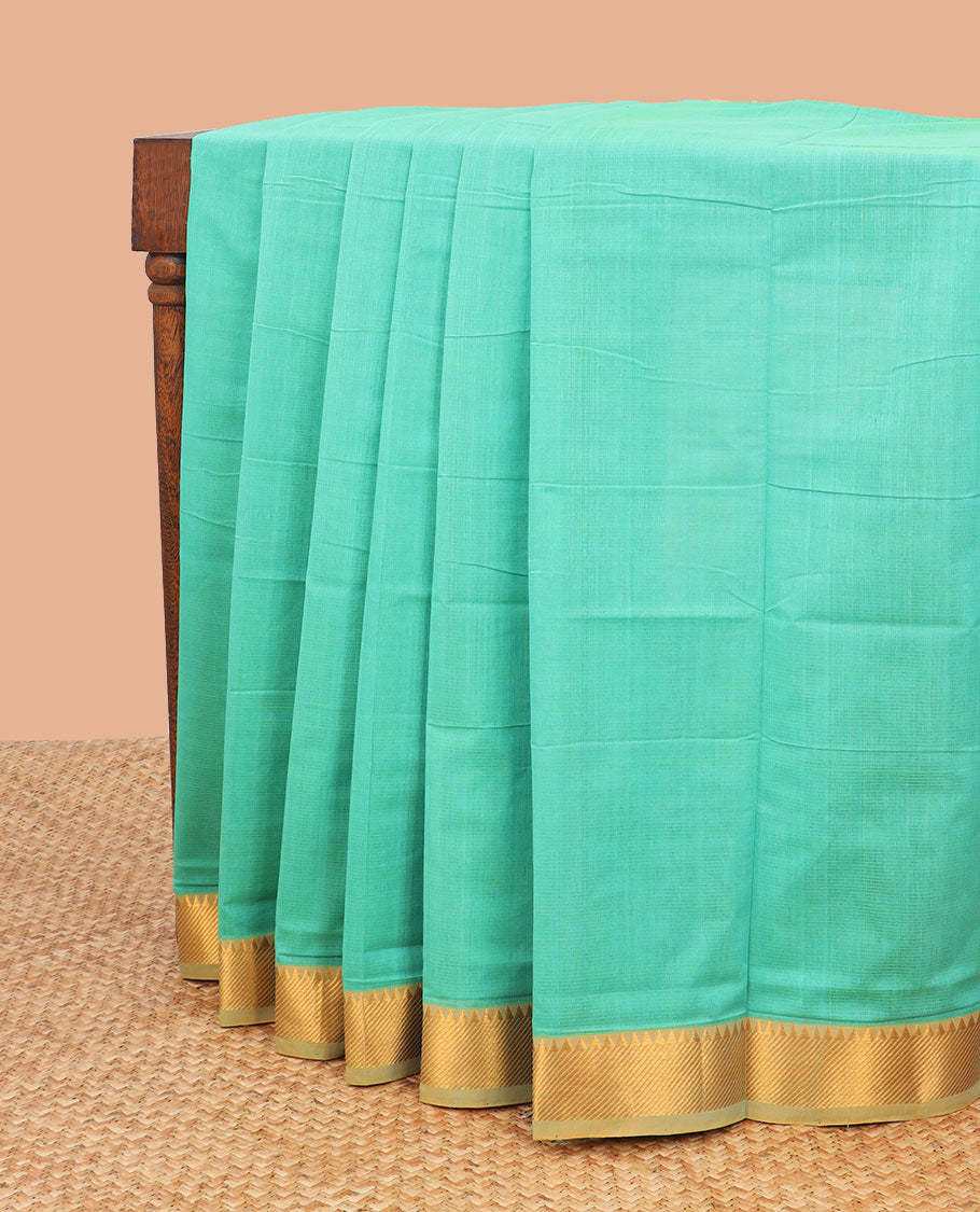 Green mangalagiri cotton saree with contrast striped, temple border & striped pallu