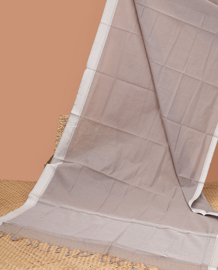 Grey mangalagiri cotton saree with self zari design border & striped pallu