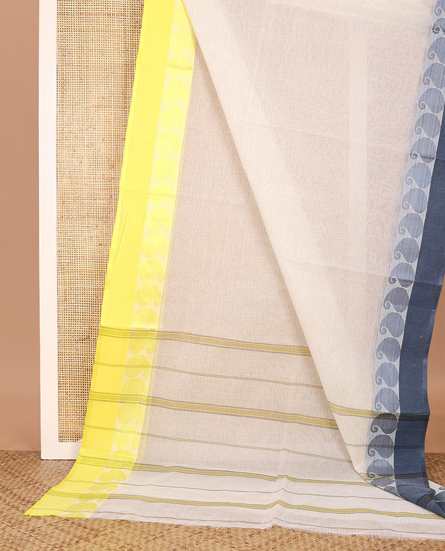 Cream striped Bengal cotton saree, contrast ganga jamuna border of paisleys, and striped pallu