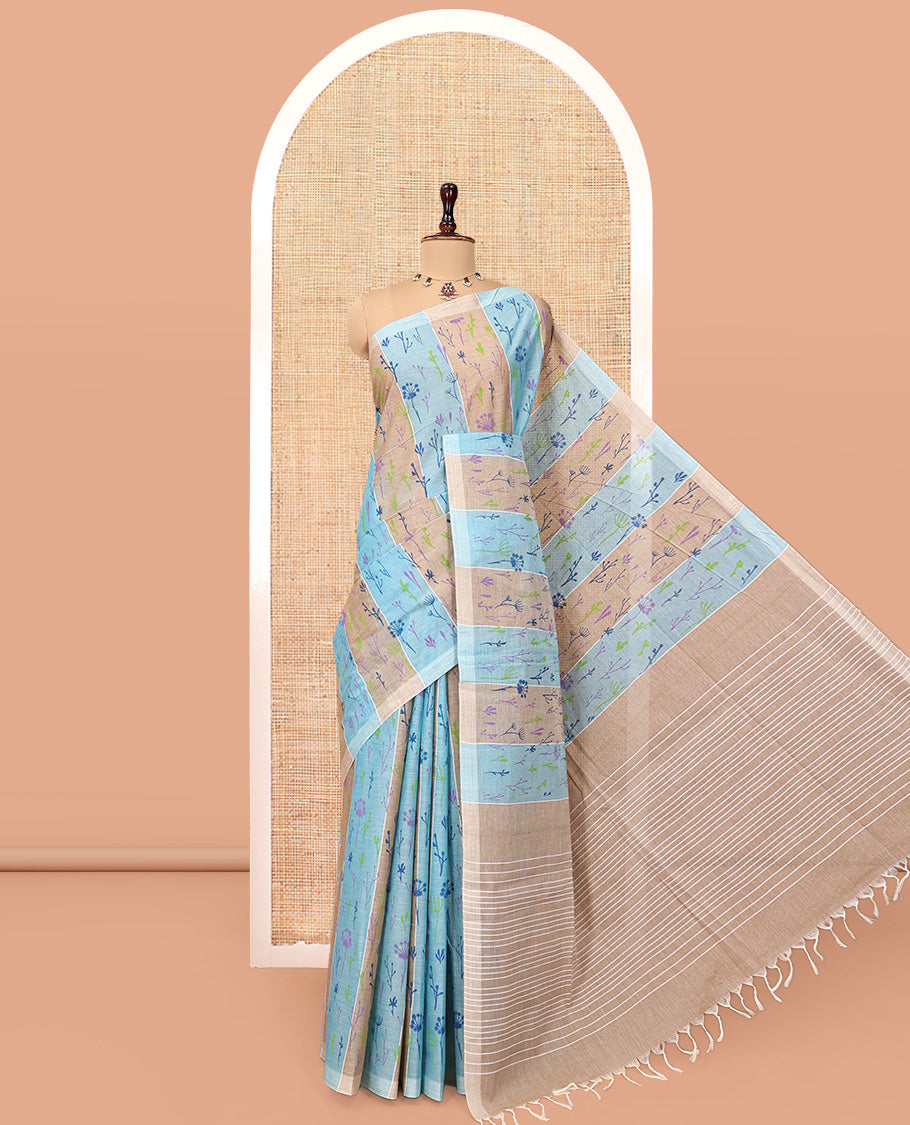 Borderless Blue-Brown Jute Cotton Saree, Steeped with Tropical Floral Print, a Subtly Striped Pallu, and a Contrast Blouse