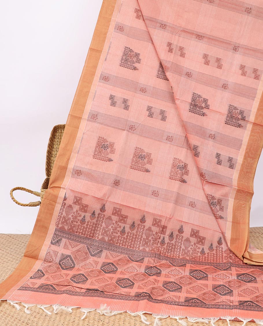 Pink unique design printed Coimbatore cotton saree, contrast border & intricately printed pallu